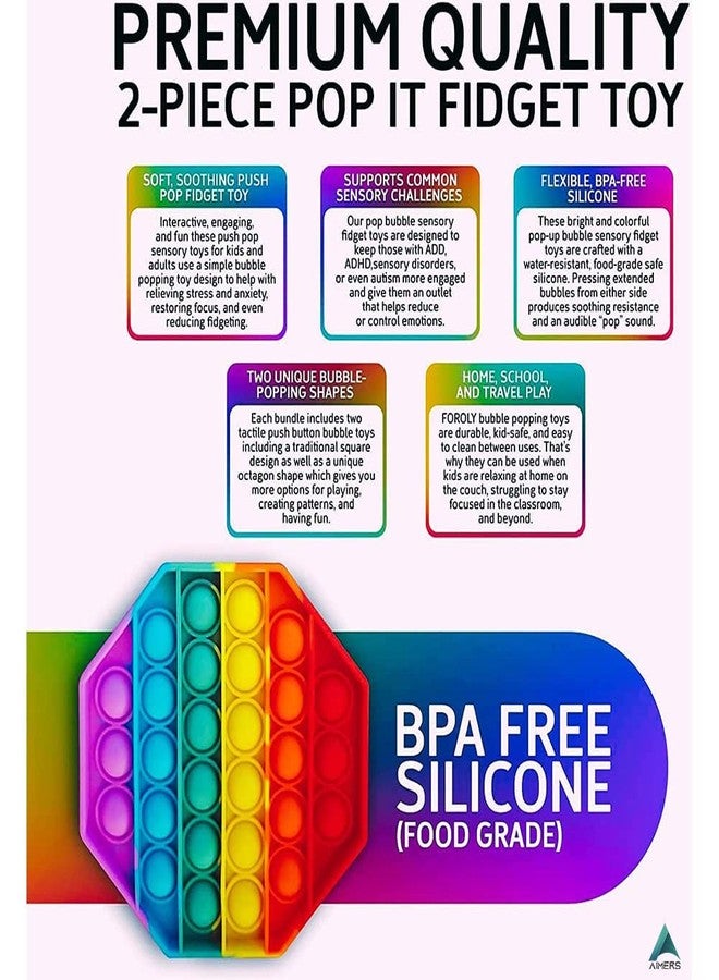 AIMERS 2 Pack Rainbow Pop Fidget Toys, Round and Square, Colorful Push Pop Bubble Squeeze Toy, Silicone Sensory Gadget for Stress, Popper Gift for Kids, Children, Teens, Adults (Octagon + Square) - Image 3